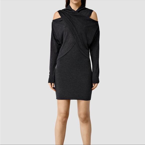 ALLSAINTS | Kaddi Mini Dress Asymmetrical Knit Cut Out Wool Gray Bodycon Medium - Picture 12 of 12